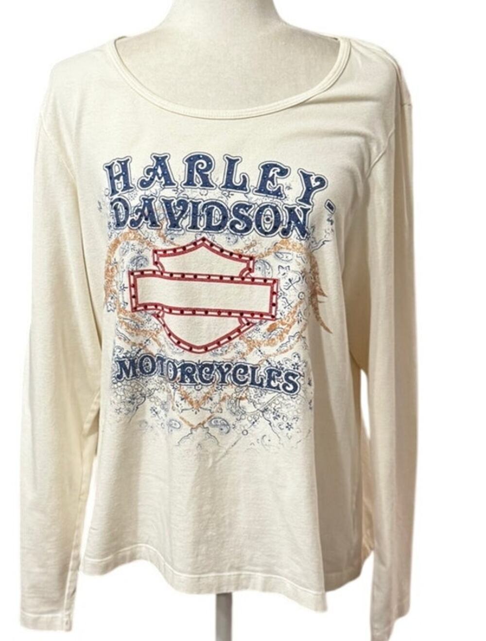 Harley-Davidson Women's Cream Long Sleeve Graphic Logo T-Shirt 1W Plus Made USA